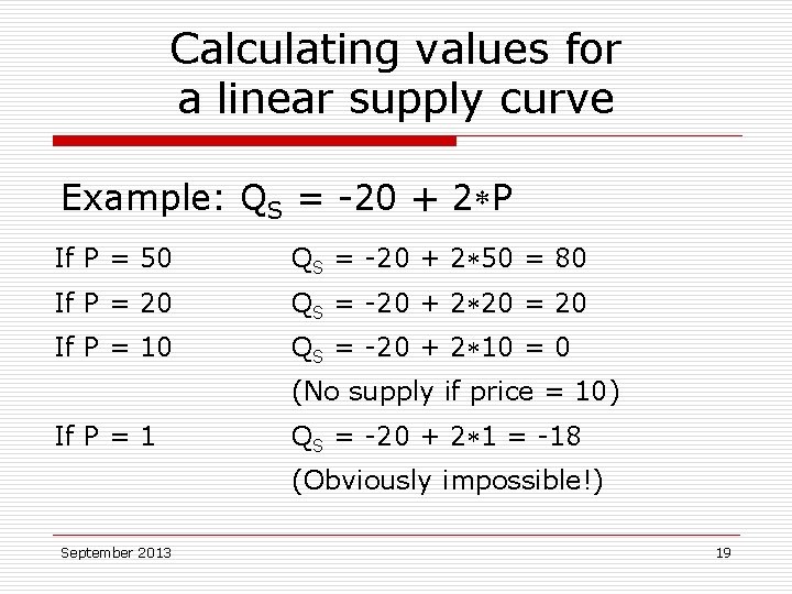 Calculating values for a linear supply curve Example: QS = -20 + 2 P