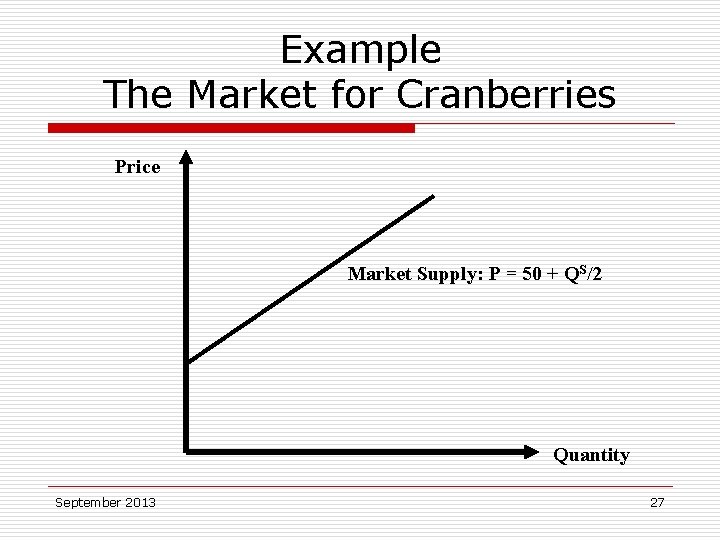 Example The Market for Cranberries Price Market Supply: P = 50 + QS/2 Quantity