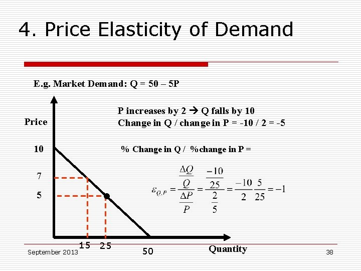4. Price Elasticity of Demand E. g. Market Demand: Q = 50 – 5