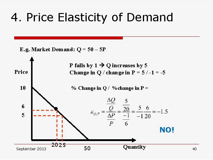 4. Price Elasticity of Demand E. g. Market Demand: Q = 50 – 5