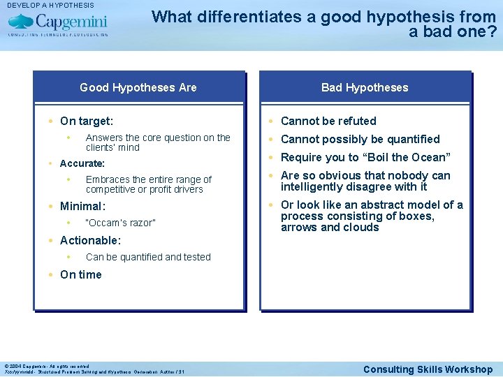DEVELOP A HYPOTHESIS What differentiates a good hypothesis from a bad one? Good Hypotheses