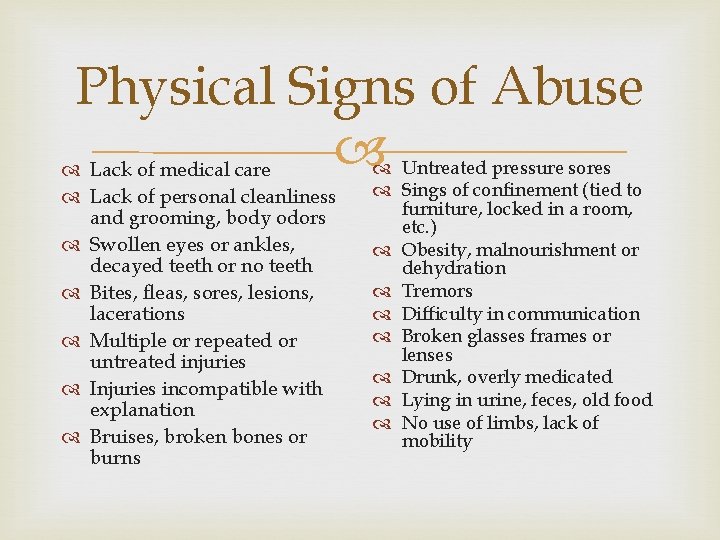 Physical Signs of Abuse Lack of medical care Lack of personal cleanliness and grooming,