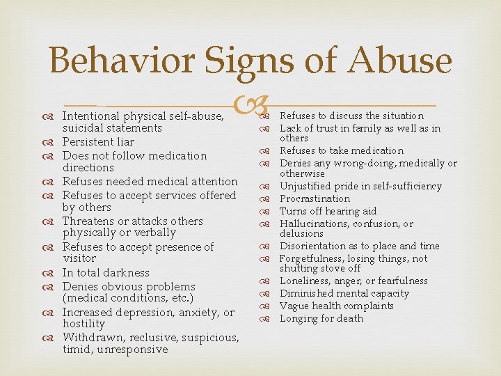 Behavior Signs of Abuse Intentional physical self-abuse, suicidal statements Persistent liar Does not follow