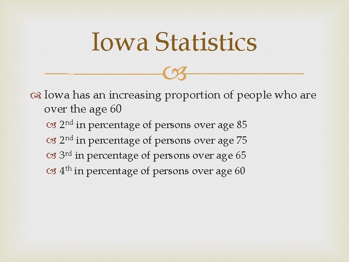 Iowa Statistics Iowa has an increasing proportion of people who are over the age