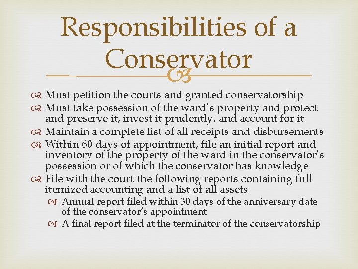 Responsibilities of a Conservator Must petition the courts and granted conservatorship Must take possession