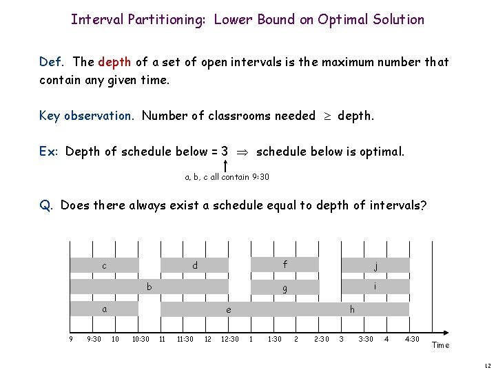Interval Partitioning: Lower Bound on Optimal Solution Def. The depth of a set of