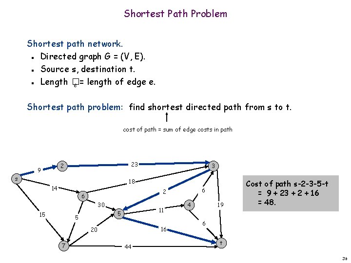 Shortest Path Problem Shortest path network. Directed graph G = (V, E). Source s,