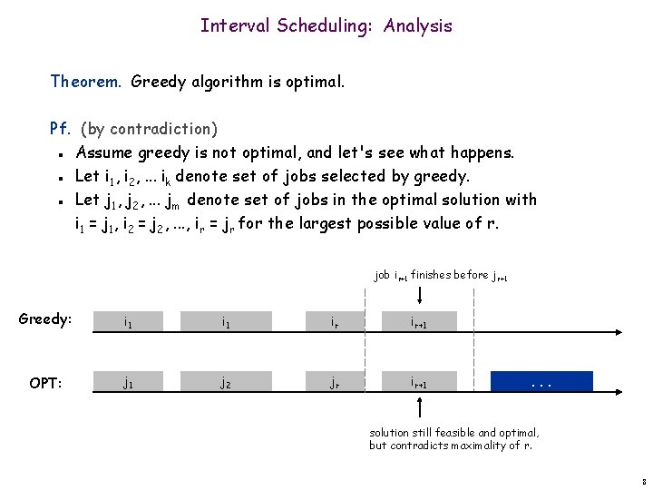 Interval Scheduling: Analysis Theorem. Greedy algorithm is optimal. Pf. (by contradiction) Assume greedy is