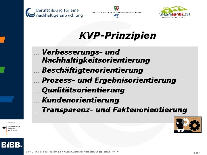 KVP-Prinzipien … Verbesserungs- und Nachhaltigkeitsorientierung … Beschäftigtenorientierung … Prozess- und Ergebnisorientierung … Qualitätsorientierung …