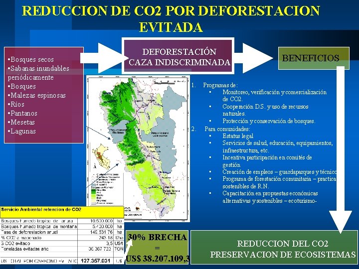 REDUCCION DE CO 2 POR DEFORESTACION EVITADA • Bosques secos • Sabanas inundables periódicamente