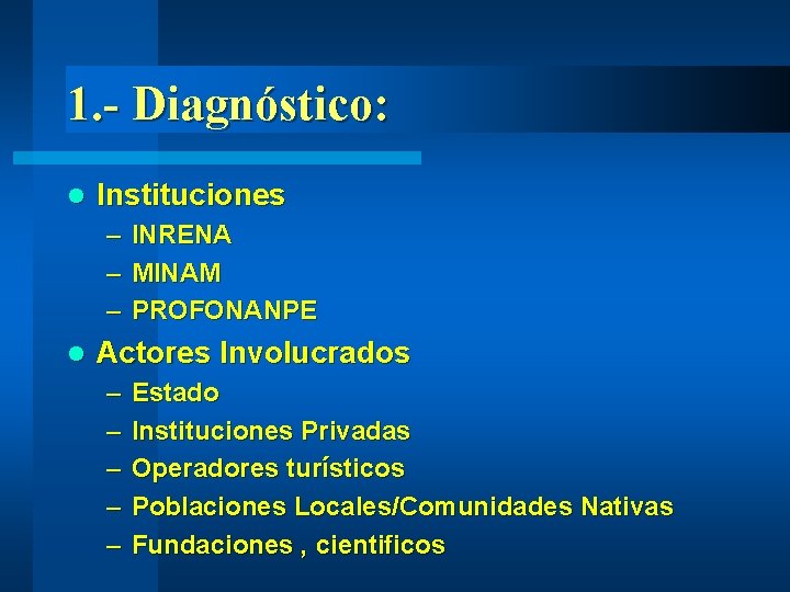 1. - Diagnóstico: l Instituciones – – – l INRENA MINAM PROFONANPE Actores Involucrados