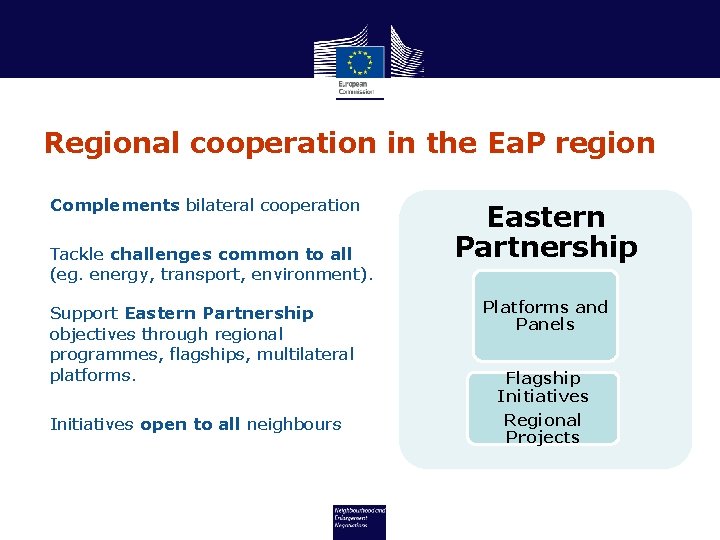 Regional cooperation in the Ea. P region Complements bilateral cooperation Tackle challenges common to