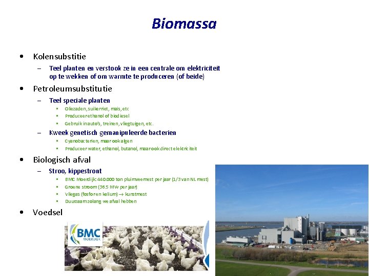 Biomassa • Kolensubstitie – Teel planten en verstook ze in een centrale om elektriciteit