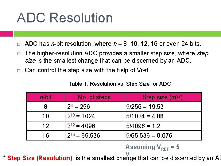 ADC Resolution ADC has n-bit resolution, where n = 8, 10, 12, 16 or