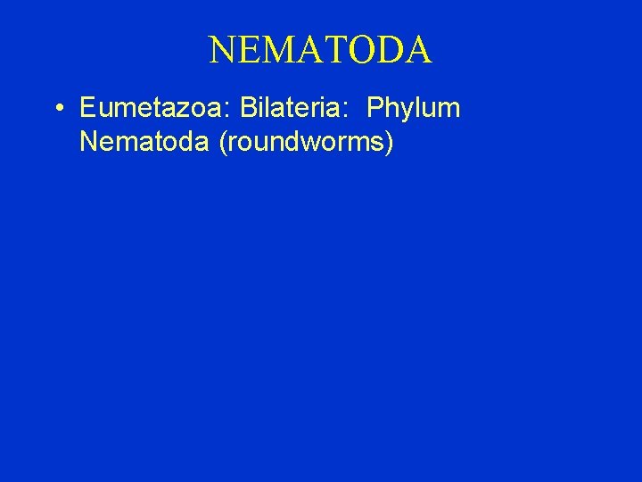 NEMATODA • Eumetazoa: Bilateria: Phylum Nematoda (roundworms) 