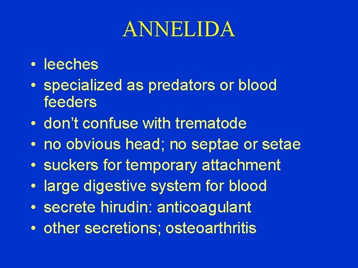 ANNELIDA • leeches • specialized as predators or blood feeders • don’t confuse with