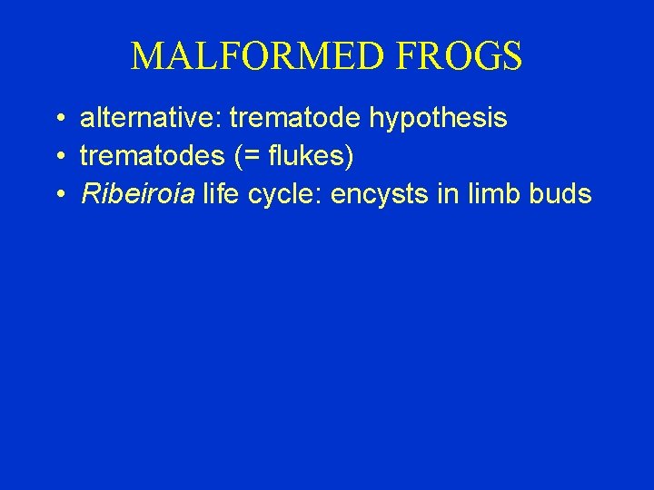 MALFORMED FROGS • alternative: trematode hypothesis • trematodes (= flukes) • Ribeiroia life cycle: