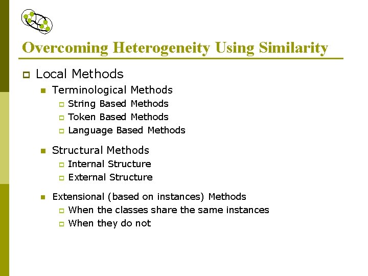 Overcoming Heterogeneity Using Similarity p Local Methods n Terminological Methods p p p n