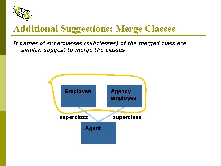 Additional Suggestions: Merge Classes If names of superclasses (subclasses) of the merged class are