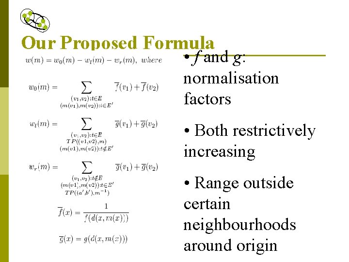 Our Proposed Formula • f and g: normalisation factors • Both restrictively increasing •