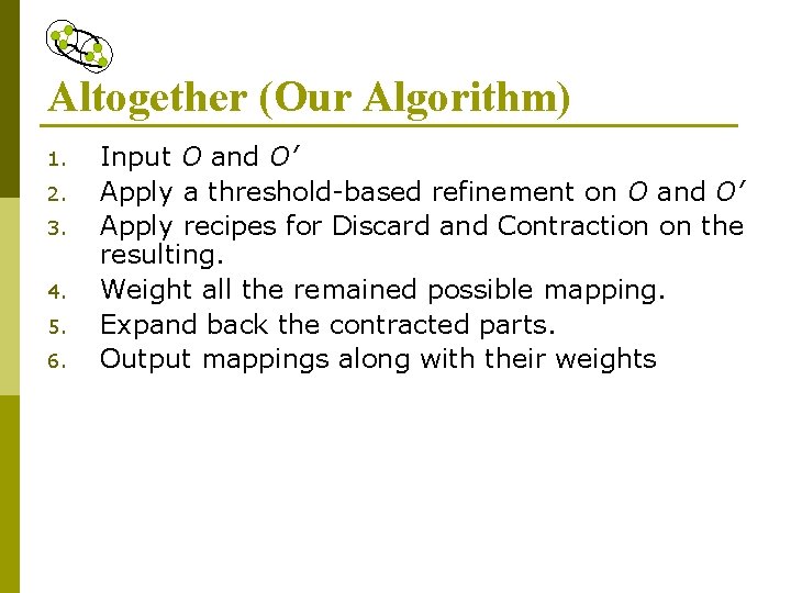 Altogether (Our Algorithm) 1. 2. 3. 4. 5. 6. Input O and O’ Apply