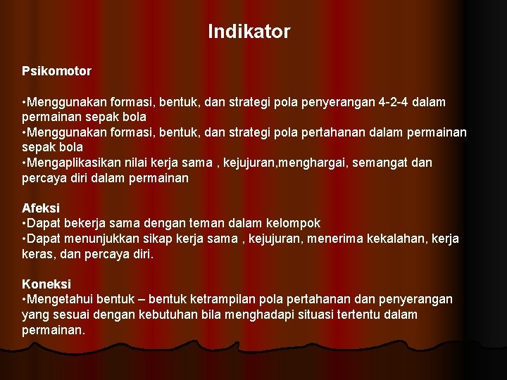 Indikator Psikomotor • Menggunakan formasi, bentuk, dan strategi pola penyerangan 4 -2 -4 dalam
