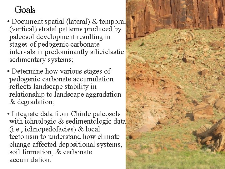 Goals • Document spatial (lateral) & temporal (vertical) stratal patterns produced by paleosol development