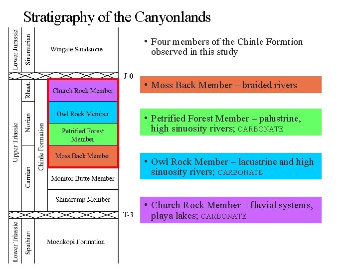 Stratigraphy of the Canyonlands • Four members of the Chinle Formtion observed in this