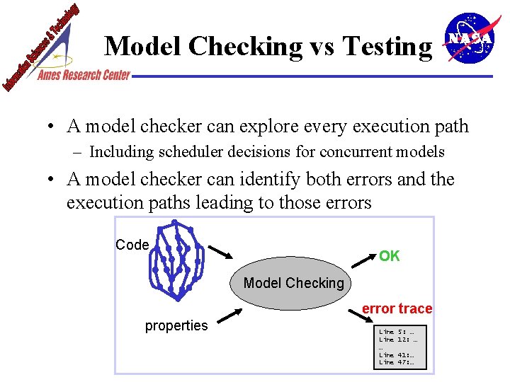 Model Checking vs Testing • A model checker can explore every execution path –