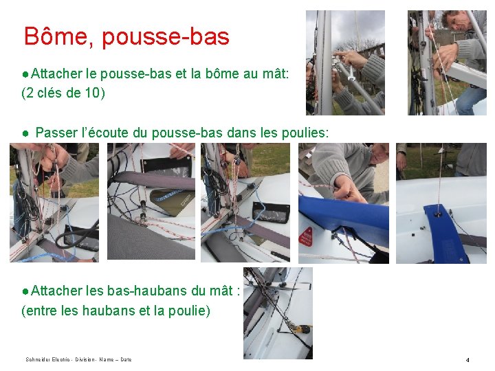 Bôme, pousse-bas ● Attacher le pousse-bas et la bôme au mât: (2 clés de