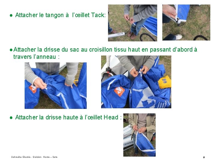 ● Attacher le tangon à l’œillet Tack: ● Attacher la drisse du sac au