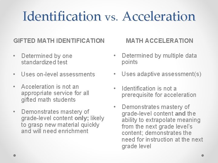 Identification vs. Acceleration GIFTED MATH IDENTIFICATION MATH ACCELERATION • Determined by one standardized test