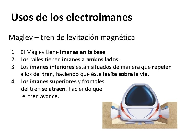 Usos de los electroimanes Maglev – tren de levitación magnética 1. El Maglev tiene
