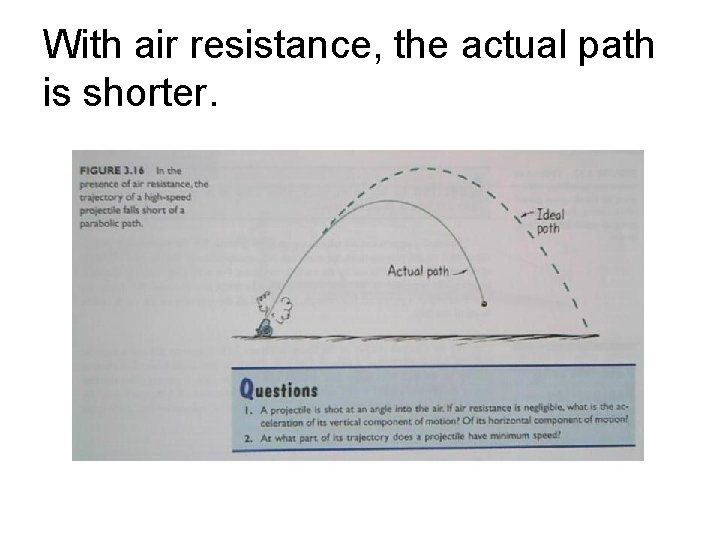 With air resistance, the actual path is shorter.  With air resistance, the actual path is shorter.