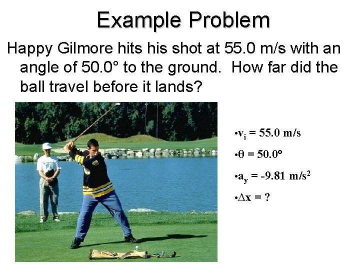 Example Problem Happy Gilmore hits his shot at 55. 0 m/s with an angle Example Problem Happy Gilmore hits his shot at 55. 0 m/s with an angle