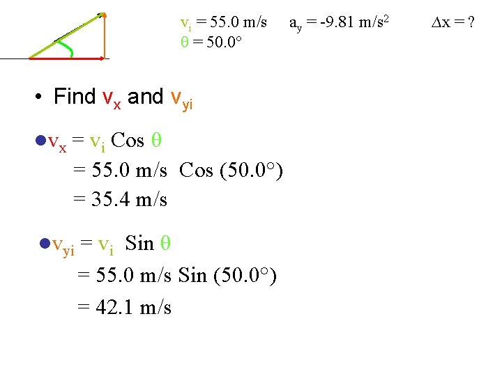 vi = 55. 0 m/s θ = 50. 0° • Find vx and vyi vi = 55. 0 m/s θ = 50. 0° • Find vx and vyi