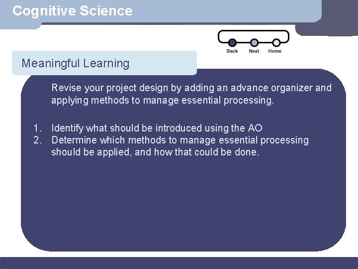 Cognitive Science Meaningful Learning Scenario Revise your project design by adding an advance organizer
