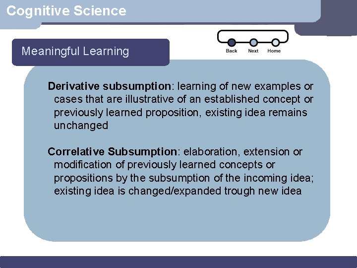 Cognitive Science Meaningful Learning Derivative subsumption: learning of new examples or cases that are
