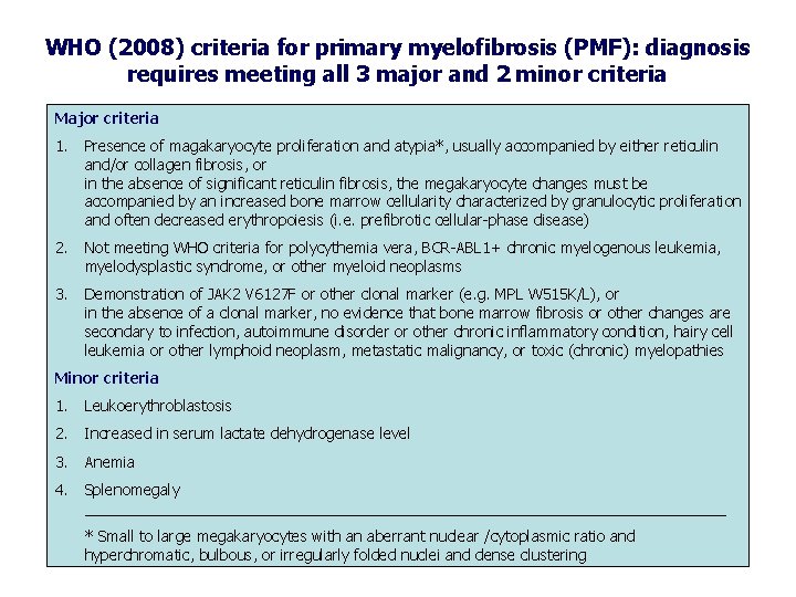 WHO (2008) criteria for primary myelofibrosis (PMF): diagnosis requires meeting all 3 major and