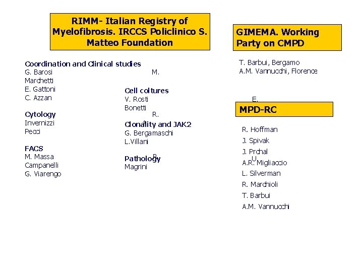 RIMM- Italian Registry of Myelofibrosis. IRCCS Policlinico S. Matteo Foundation Coordination and Clinical studies