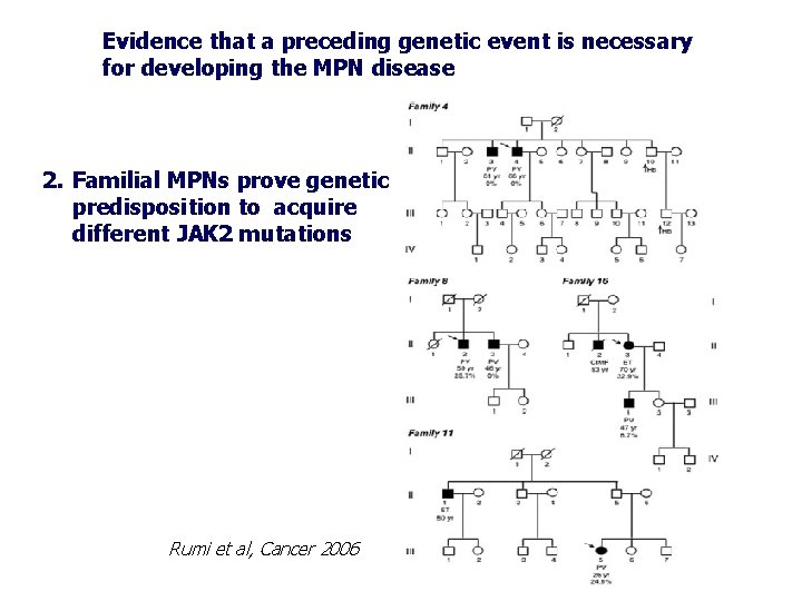 Evidence that a preceding genetic event is necessary for developing the MPN disease 2.