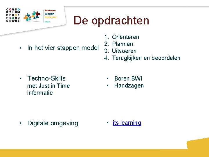 De opdrachten 1. 2. • In het vier stappen model 3. 4. • Techno-Skills