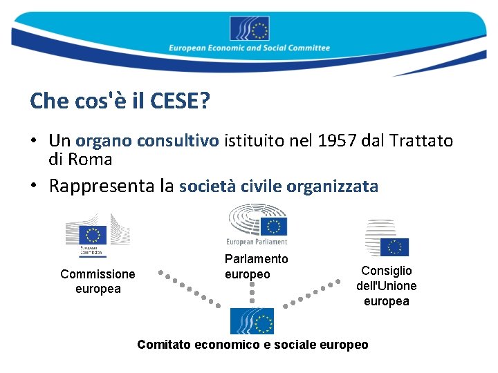 Che cos'è il CESE? • Un organo consultivo istituito nel 1957 dal Trattato di