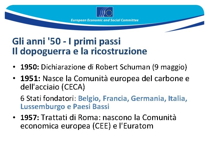 Gli anni '50 - I primi passi Il dopoguerra e la ricostruzione • 1950: