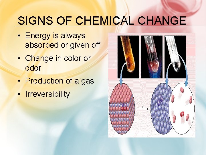 SIGNS OF CHEMICAL CHANGE • Energy is always absorbed or given off • Change