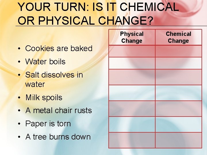 YOUR TURN: IS IT CHEMICAL OR PHYSICAL CHANGE? • Cookies are baked • Water