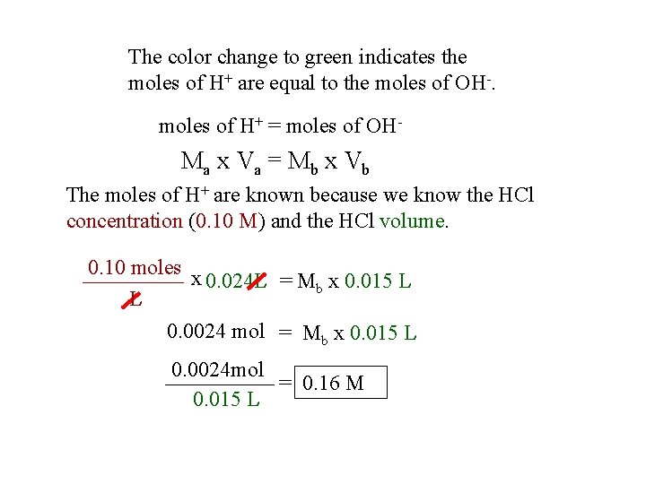 The color change to green indicates the moles of H+ are equal to the