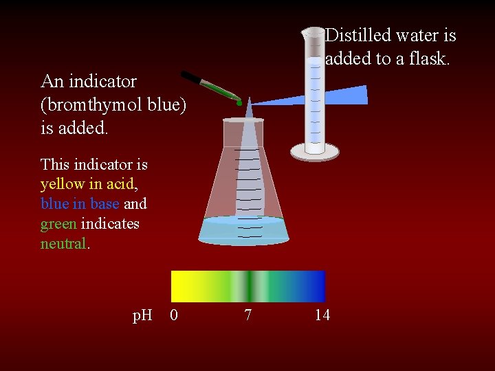 Distilled water is added to a flask. An indicator (bromthymol blue) is added. This