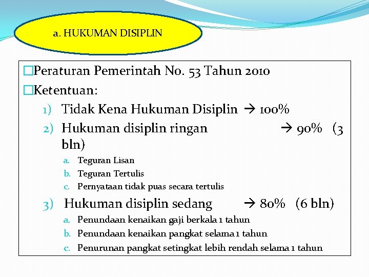 a. HUKUMAN DISIPLIN �Peraturan Pemerintah No. 53 Tahun 2010 �Ketentuan: 1) Tidak Kena Hukuman