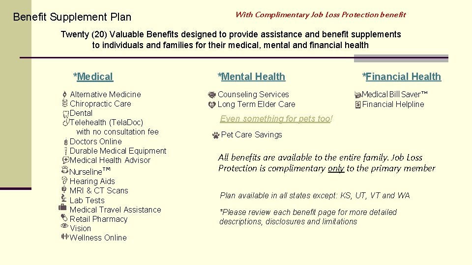 Benefit Supplement Plan With Complimentary Job Loss Protection benefit Twenty (20) Valuable Benefits designed